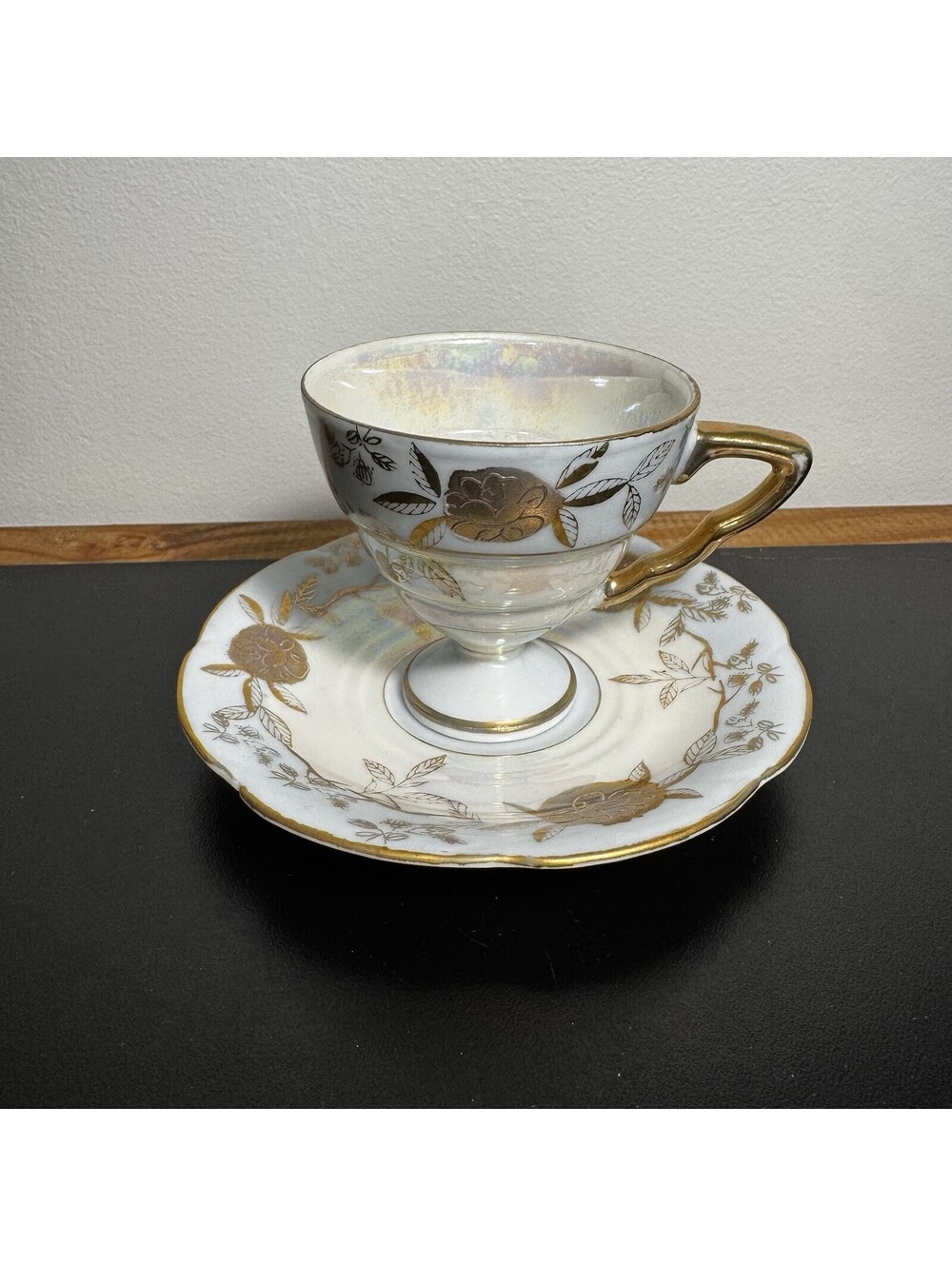 Lefton Gold And Blue Iridescent Pedestal Teacup And Saucer Hand painted
